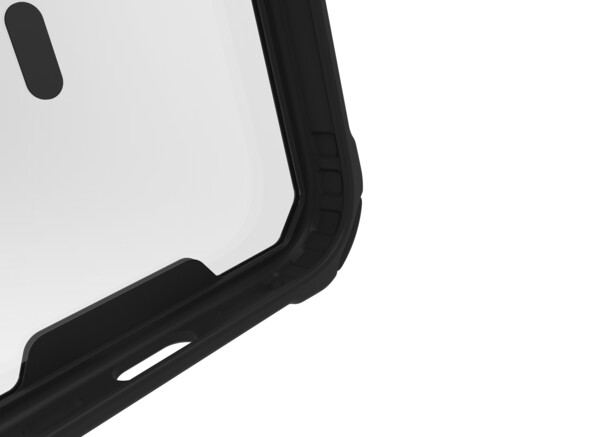 Gros plan sur le bord inférieur de la coque de protection montrant l'épaisseur de la paroi en polycarbonate