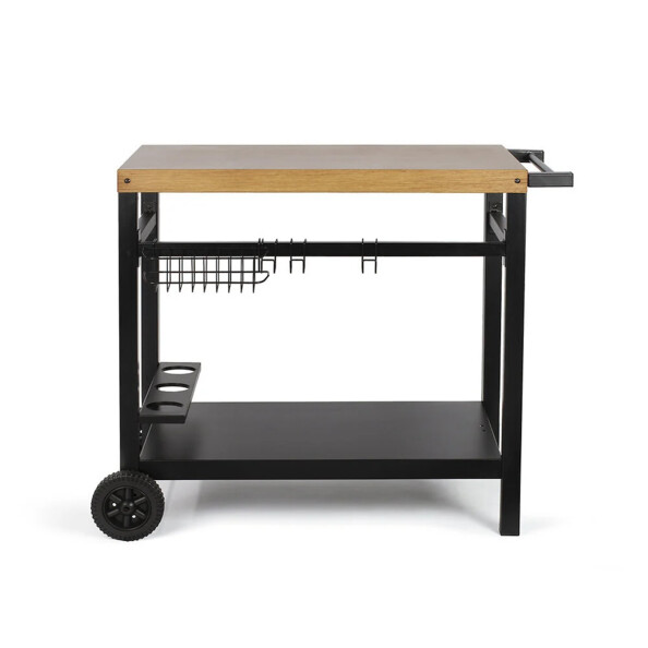 Chariot en métal noir et bois pour plancha avec tablette basse, porte-bouteilles, crochets et compartiments de rangement pour ustensiles, poignée de transport et 2 roulettes