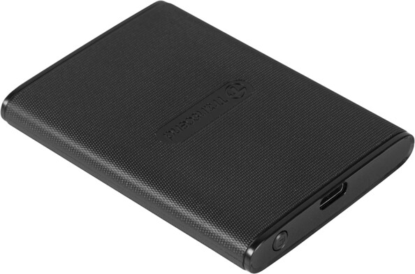 Disque dur SSD externe avec bouton de sauvegarde automatique One Touche, port USB-C 3.1 Gen 2 et logo Transcend au milieu du boîtier