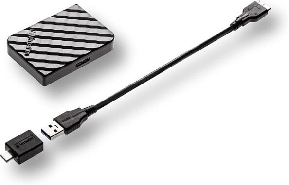 Mini disque dur SSD Verbatim SSD avec câble Micro-B vers USB-A et adaptateur USB-A vers USB-C