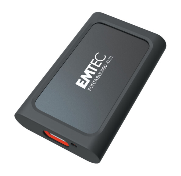 Disque dur externe SSD Emtec coloris rouge et noir avec coque de protection en silicone noir et port USB-C