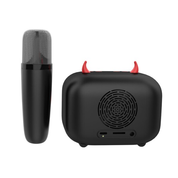 Vue arrière du microphone modificateur de voix et de l'enceinte bluetooth Diablo avec sortie audio ronde, port de chargement USB-C, fente pour carte MicroSD et prise jack