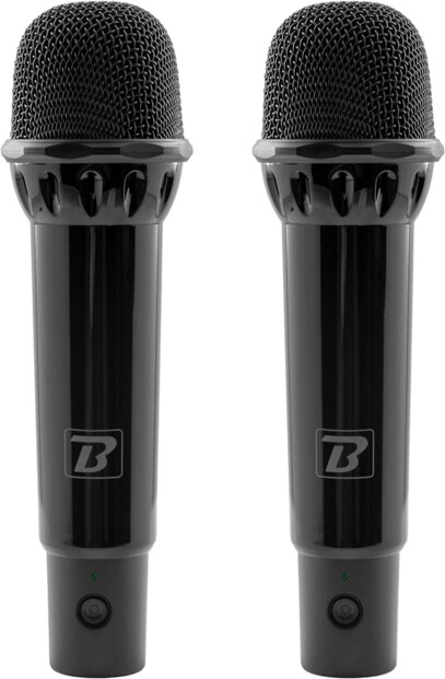 Deux micros sans fil à directivité cardioïde coloris avec système de fixation sur l’enceinte et batterie rechargeable
