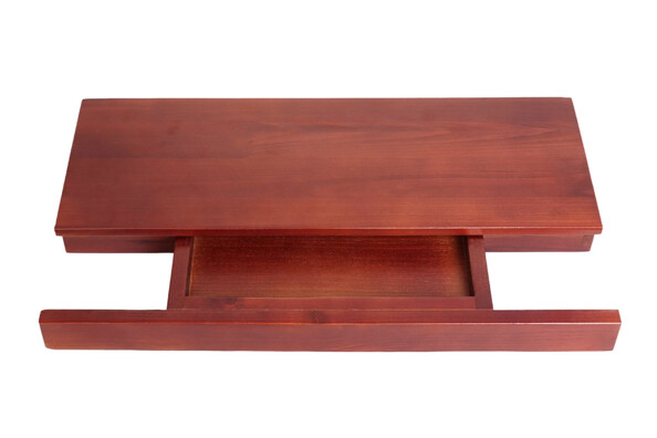 Vue du dessus de l'étagère longue en bois d'acajou avec petit tiroir secret ouvert