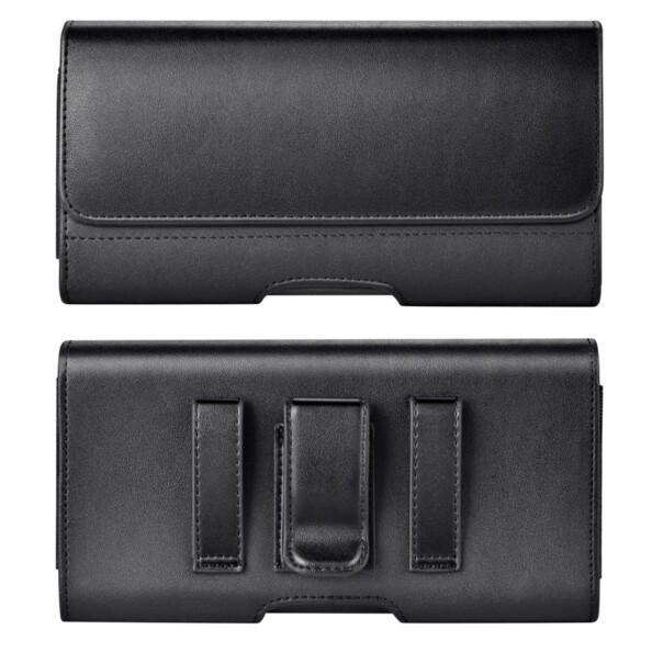 Vues avant et arrière de la housse de protection de téléphone fermée pour fixation ceinture par passant coulissant et clip