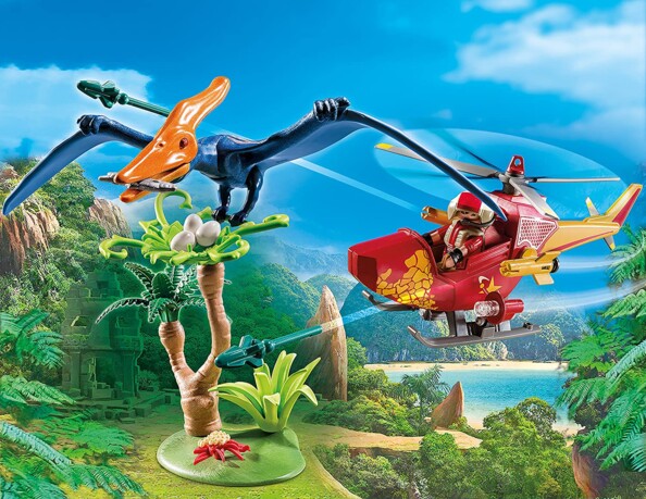 Mise en scène du jeu playmobil Hélicoptère et Ptéranodon