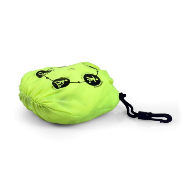 Housse de protection rangée dans la poche de rangement vert anis intégrée avec noeud coulissant et logos Ports Designs noirs