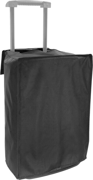 Housse coloris noir mise en place sur un haut-parleur avec poignée télescopique grise déployée