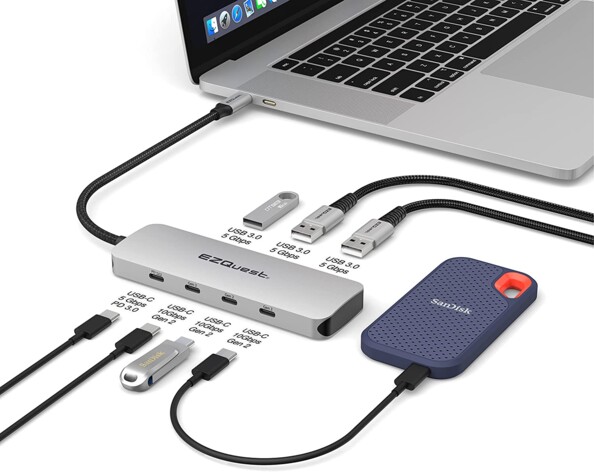 Adaptateur hub USB-C Gen 2 7 ports - 3 ports USB-C 10 Gbs Gen 2, 3 ports USB 3.0 5 Gbs et 1 port USB-C Power Delivery 3.0 avec données 5 Gbs