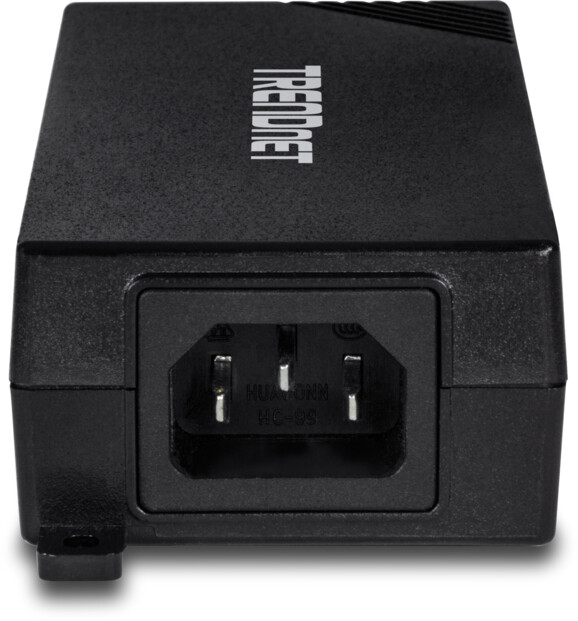 Côté droit du boîtier de l'injecteur PoE+ Gigabit TrendNet coloris noir avec prise pour câble d'alimentation secteur
