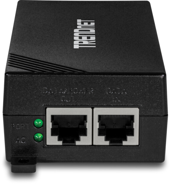 Vue côté gauche du convertisseur PoE vers PoE+ TrendNet avec deux ports Ethernet Gigabit RJ45 et deux voyants LED de fonctionnement verts allumés