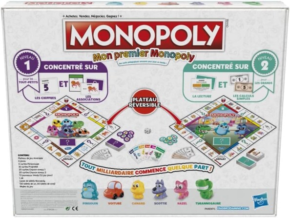 Dos de la boîte Mon premier Monopoly avec plateau réversible