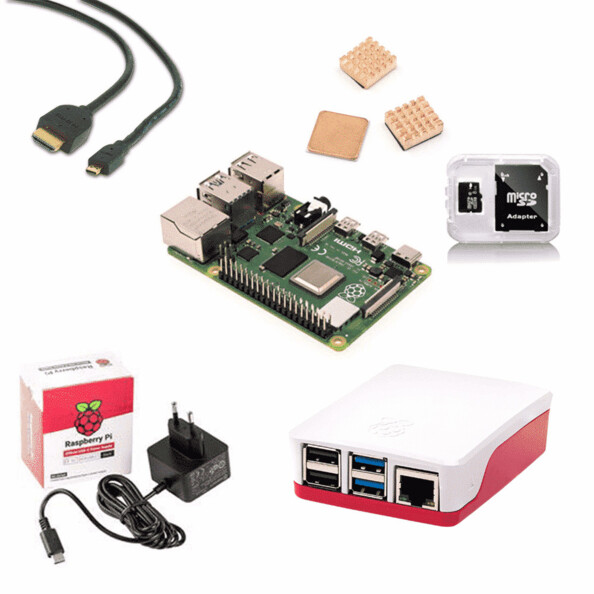 Kit complet starter raspberry avec carte micro SD, alimentation, câble, set de dissipateurs de chaleur et boîtier