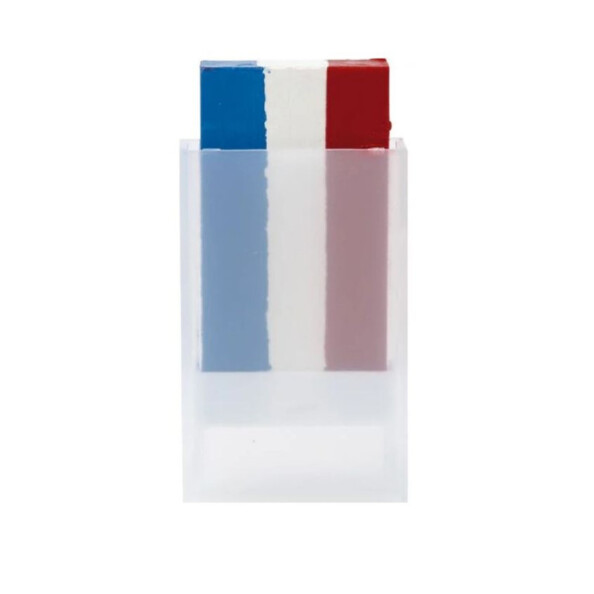 Crayon tricolore français bleu blanc rouge dans son étui translucide sur fond blanc