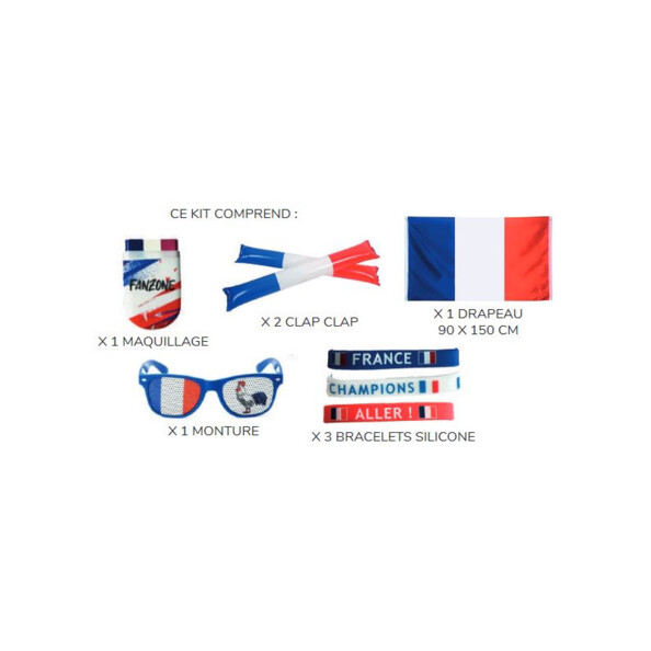 Set pour supporter de l’équipe de France avec maquillage, 2 clap clap, lunettes, drapeau et 3 bracelets