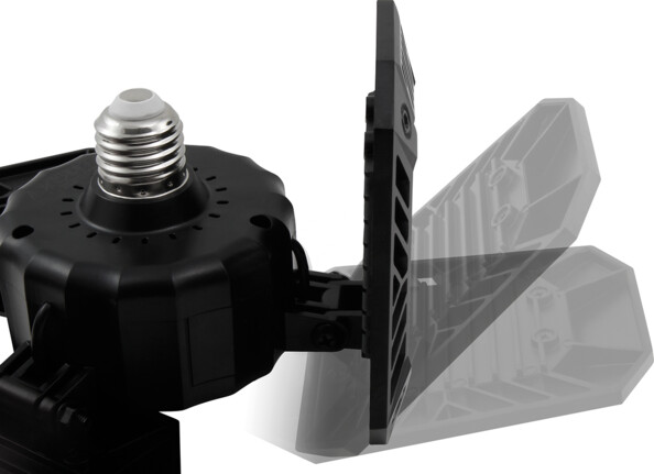 Schématisation de l'angle de rayonnement réglable de la lampe de garage McShine via 3 positions de l'un de ses bras à LED