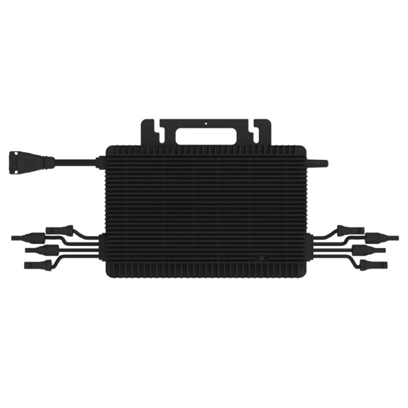 Arrière coloris noir du micro-inverseur HMS-200 Hoymiles avec crochet de suspension et multiples câbles de raccordement pour branchement au réseau électrique et aux divers panneaux solaires