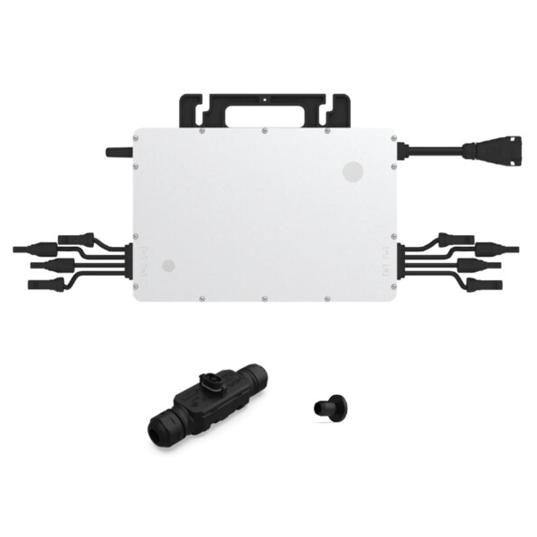 Micro-inverseur HMS-2000 rectangulaire coloris gris et noir avec capuchon d'extrémité, outil de déverrouillage du connecteur, outil de déconnexion du câble et câble d'interconnexion CA 12/10 AWG