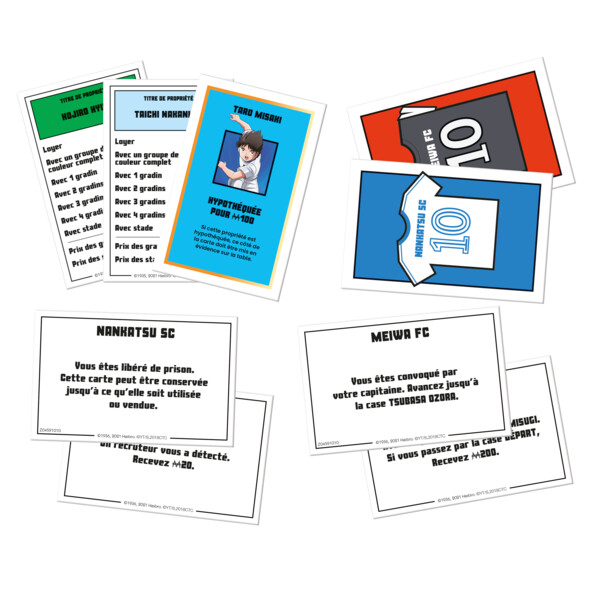 Panel des diverses cartes présentes dans le jeu : cartes propriétés, hypothèques de joueurs et cartes des équipes Meiwa FC et Nankatsu FC