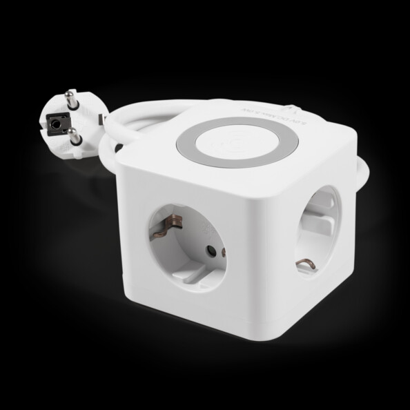 Multiprise cubique avec 3 ports USB, 3 prises 230 V et chargeur Qi coloris blanc et gris de la marque Mc Power