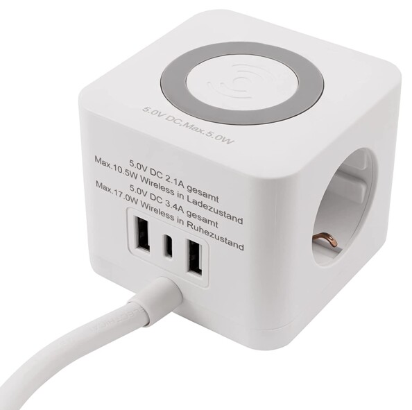 Multiprise cube BW-03 avec 3 ports USB, 3 prises 230 V et chargeur Qi