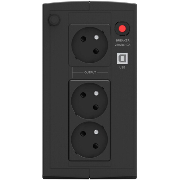 Arrière de l'UPS 1000 VA / 600 W coloris noir format tour avec 3 prises CEE 7/7 type E, port de communication USB-B et bouton de disjoncteur rouge