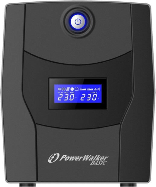 Façade avant de l'onduleur PowerWalker Basic VI 2200 STL FR format tour sur pieds de support avec bouton multifonction avec voyant LED de fonctionnement et écran LCD avec rétroéclairage à intensité variable automatique pour affichage des informations
