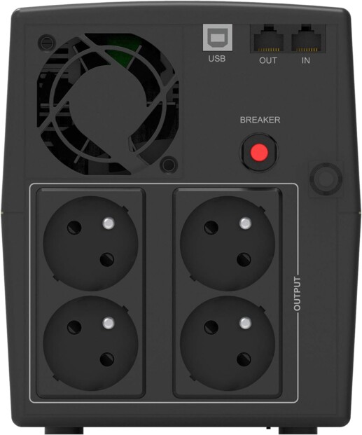 Arrière de l'UPS coloris noir 2220 VA / 1320 W avec ventilateur intégré, port de communication USB-B, 2 prises RJ11/RJ45, 4 prises 230 V et bouton de disjoncteur