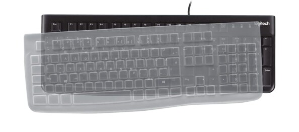 Protection en silicone transparent anti-éclaboussures posée à moitié sur le clavier filaire