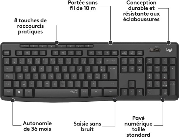 Clavier AZERTY coloris gris/noir au design profilé vue du dessus avec caractéristiques annotées
