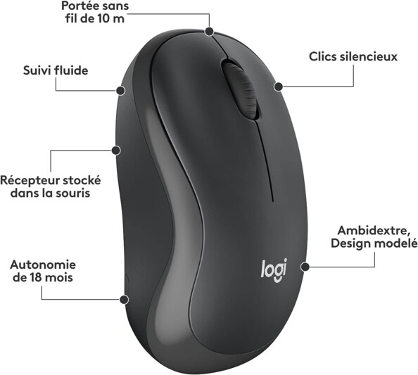 Souris sans fil Logitech grise et noire avec capteur optique 1000 dpi et 3 boutons avec caractéristiques techniques marquées par points tout autour
