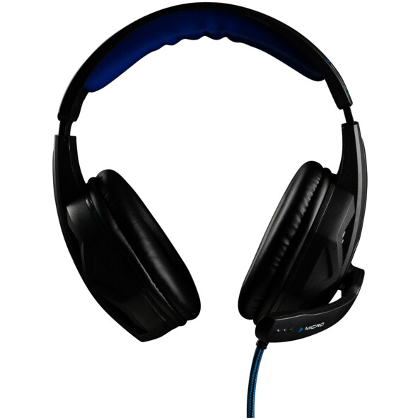 Casque filaire Korp 100 noir et bleu avec oreillettes rembourrées, micro ajustable et arceau de tête réglable