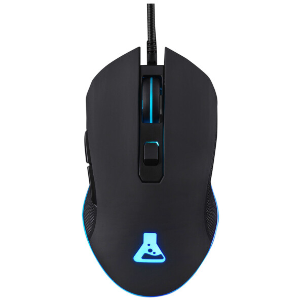 Souris optique filaire coloris noir avec logo fiole The G-Lab sur le dessus, boutons de réglage et molette avec lumière LED RVB