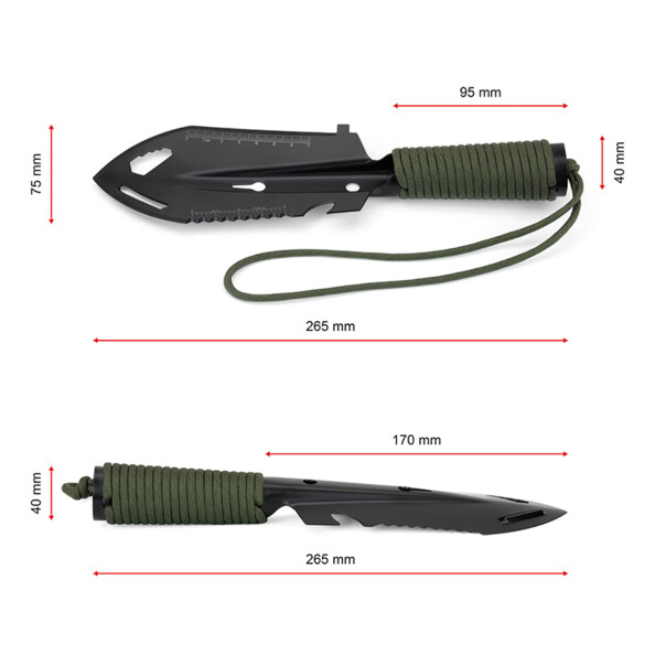Petite pelle à main multifonction vue du dessus et du côté droit avec dimensions annotées