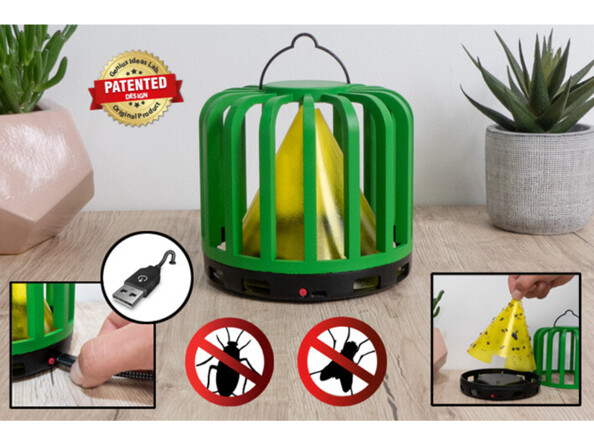 Cage attrape-mouches et cafards avec grille verte, socle noir et cône adhésif jaune à l'intérieur avec 2 logos anti-insectes et deux aperçus montrant le remplacement du ruban collant et le branchement d'un câble de chargement USB à l'appareil