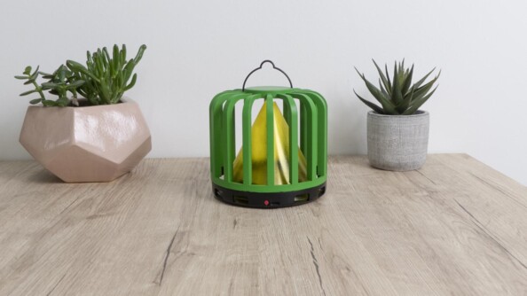 Mise en situation du piège en forme de cage posé sur un meuble en bois clair à côté de deux petits pots avec plantes grasses