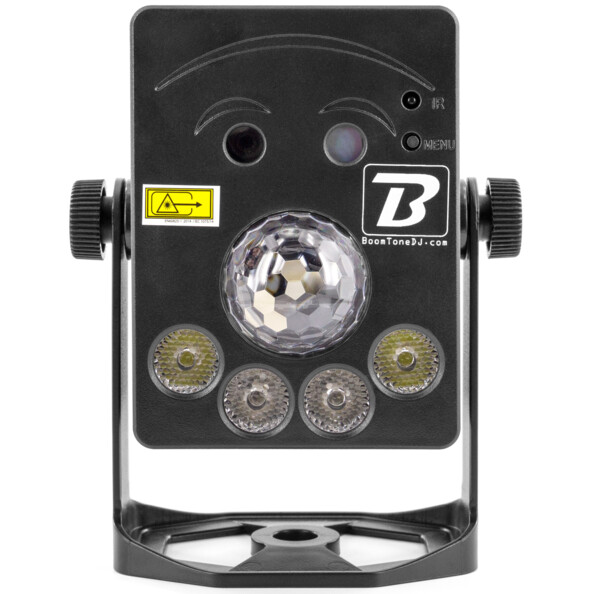 Projecteur BoomToneDJ avec étiquette d'avertissement en jaune, 2 lasers, 4 demi-sphères lumineuses et support d'installation