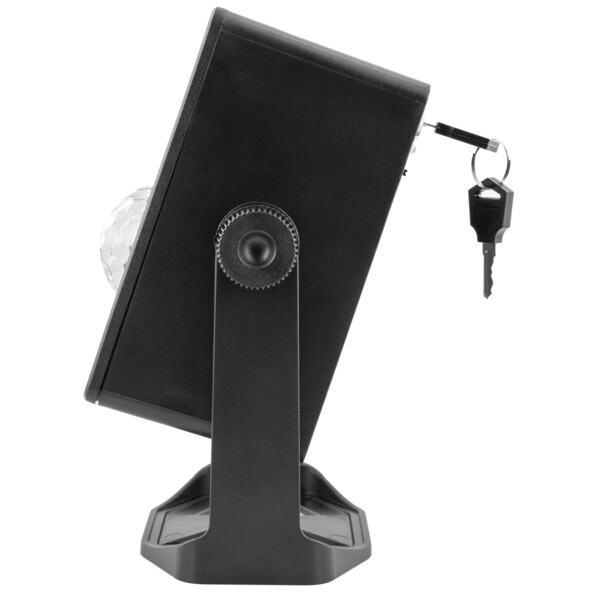 Côté gauche du projecteur laser LED RVB avec source lumineuse en demi-sphère, boîtier rectangulaire noir orienté vers l'arrière sur support réglable par molette