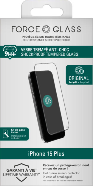 Vitre de protection en verre trempé pour iPhone 15 Plus avec kit de nettoyage, kit de pose et adhésif antistatique dans son emballage cartonné
