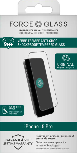 Vitre de protection en verre trempé pour iPhone 15 Pro avec kit de nettoyage, kit de pose et adhésif antistatique dans son emballage cartonné