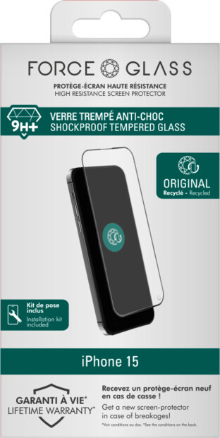 Vitre de protection en verre trempé recyclé Force Glass pour iPhone 15 avec kit de nettoyage, kit de pose et adhésif antistatique dans son emballage cartonné