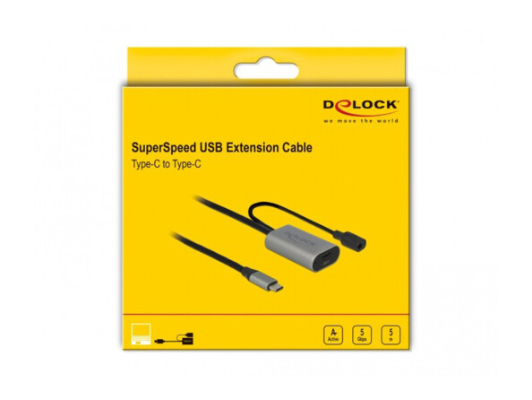 Emballage cartonné carré jaune dans lequel est contenu le câble de rallonge pour transfert de données et chargement USB 5 m de la marque Delock