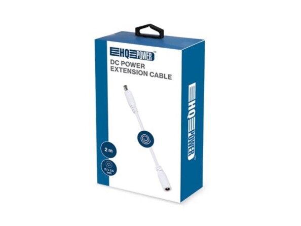 Câble de rallonge électrique DC mâle vers femelle 2,1 x 5,5 mm dans son emballage cartonné bleu et blanc HQ Power
