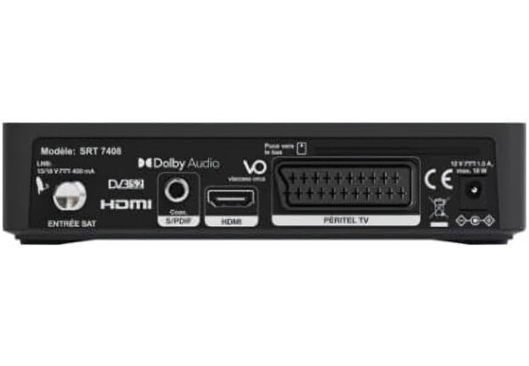 Arrière du décodeur satellite SRT 7408 avec prise d'alimentation 12 V, entrée SAT, port HDMI, prise S/PDIF coaxiale, prise Péritel TV, logos de traitement des déchets et spécifications techniques