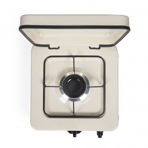Vue du dessous de la plaque au gaz du réchaud avec couvercle coloris crème DOC303 Livoo