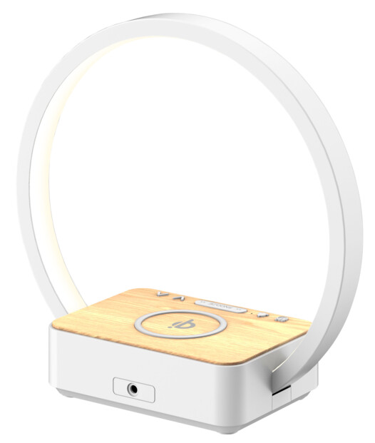 Arrière du boîtier rectangulaire du réveil avec vue sur le port de chargement pour adaptateur secteur, sur la surface à induction aspect bois clair avec commandes tactiles et sur l'arche lumineux située au-dessus du boîtier