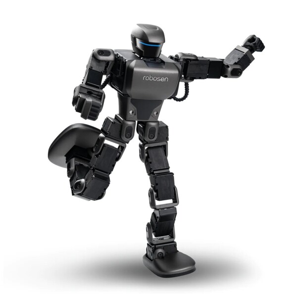 Robot électronique articulé entrain d'effectuer une fausse frappe dans un ballon sans ballon