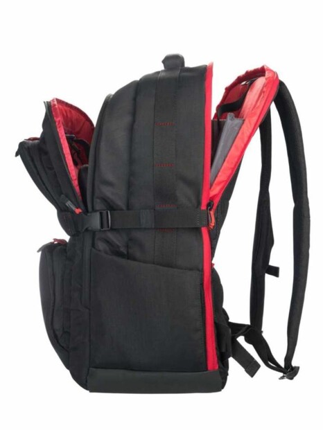 Sac à dos pour ordinateur portable 18,4" Tucano vue du côté gauche avec les compartiments principaux ouverts