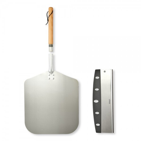 Pack avec pelle à pizza en aluminium à manche en bois de hêtre dévissable et couteau à pizza en acier inoxydable avec protection de lame