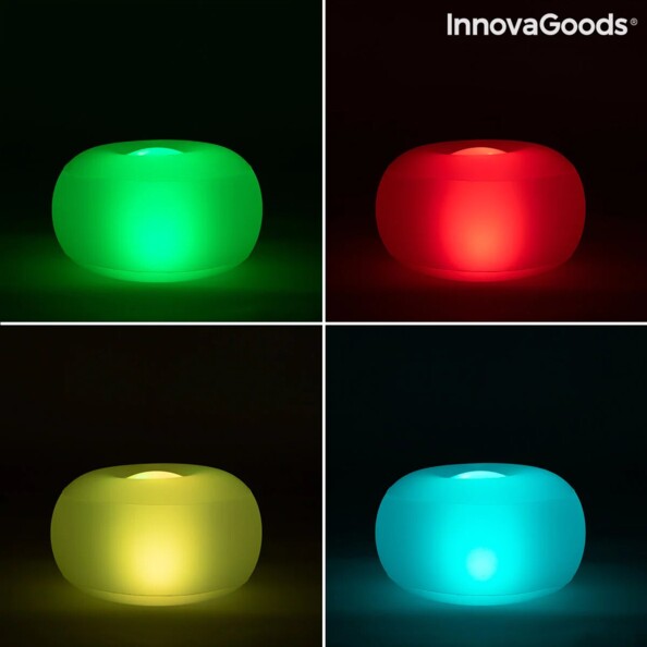 4 fonds noirs avec sur chacun le fauteuil gonflable illuminé dans une couleur différente : vert, rouge, jaune et bleu clair